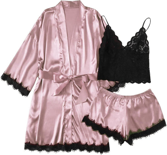 Women'S Lace Cami Top and Shorts Satin Silk Lingerie Set with Robe Pajamas Sleepwear