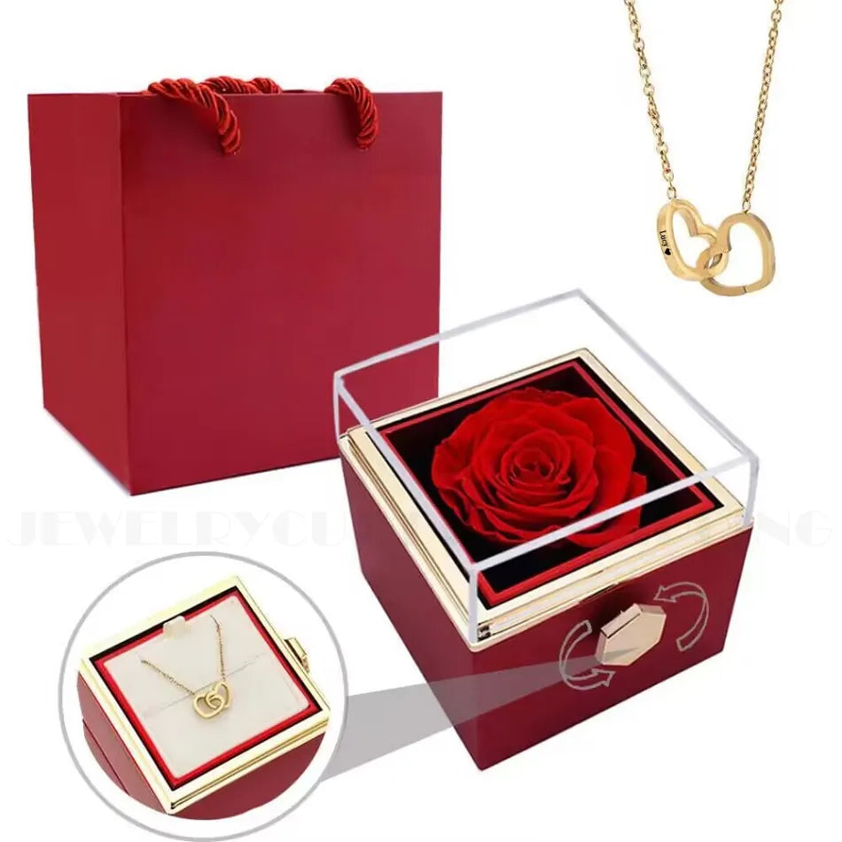 Custom Double Heart Engraved Name Steel Necklace Eternal Rose Box for Women Valentines Birthday Jewelry Real Box